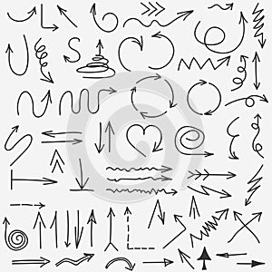 Doodle arrows collection. Hand drawn Black arrow set elements. vector