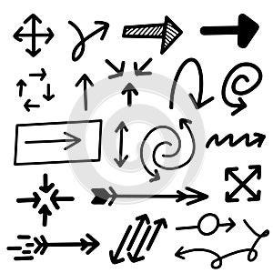 Doodle arrows icon set. Grunge black Hand drawn arrow. Vector illustration