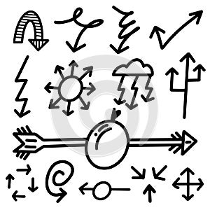 Doodle arrows icon set. Grunge black Hand drawn arrow. Vector illustration