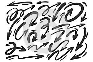 Doodle arrows set. Hand drown lines and curve scribbles. Vector scetch of abstract pointer in different shapes isolated