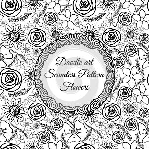 Doodle art. Abstract seamless pattern with flowers. Vector illustration. Coloring books. Black white. Floral motive.