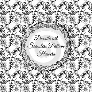 Doodle art. Abstract seamless pattern with flowers. Vector illustration. Coloring books. Black white. Floral motive.