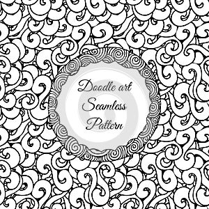 Doodle art. Abstract seamless pattern with twirl feed ribbon. Vector illustration. Coloring books. Black white.