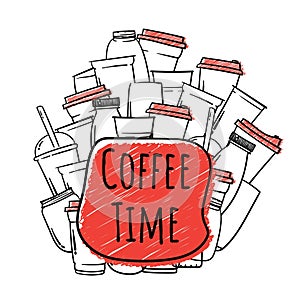 Doodle art of cup in hand drawn design with coffee time text