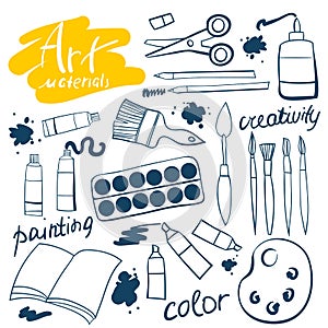 Doodle art materials collection. Hand drawn art icons set. Vector Illustration. photo