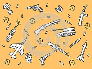 Doodle art military object riffle shotgun and handgun with yellow orange background