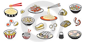 Doodle Asian food. Chinese noodles soup meat slices and sauces. Vector vintage sketch of Eastern cuisine with food