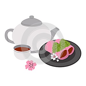 Doodle asian food  sakura mochi and tea