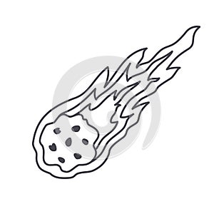 Doodle asteroid. Cartoon comet with tail. Hand drawn celestial outline icon