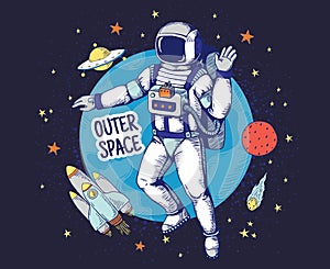 Scarabocchi cosmonauta. dipinto a mano spazio i ragazzi manifesto pianeta stelle spazio oggetti astronomia progettazione della pittura elementi. vettore cosmonauta 