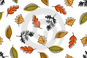 Doodle autumn leaves seamless pattern, fall seasonal background