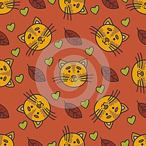 Doodle autumn pattern with cat, leaves and hearts.