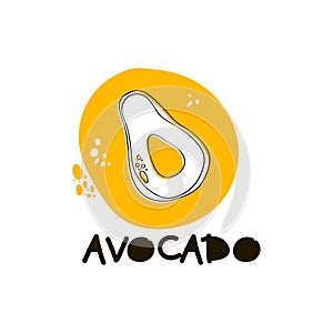 Doodle Avocado Fruit in Circle with Spots and Inscription Vector Illustration