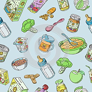 Doodle baby food vector seamless pattern. Illustration of newborn and baby food including drinks, porridges, puree and