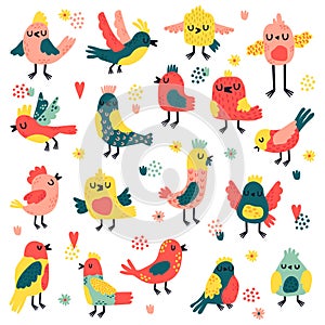 Doodle birds. Cute hand drawn birds, doodle colorful avifauna, lovely doves and sparrows, simple freehand birds vector photo