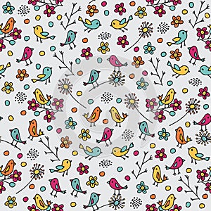 Doodle birds and flowers seamless pattern