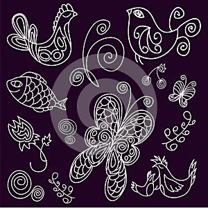 Doodle birds, leaves, fish and butterflies