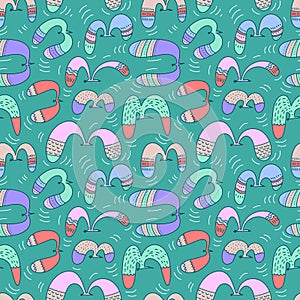 Doodle birds seamless pattern.Background with flying seagulls characters. Vector illustration