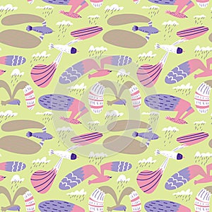 Doodle birds seamless pattern.Background with flying seagulls characters. Vector illustration