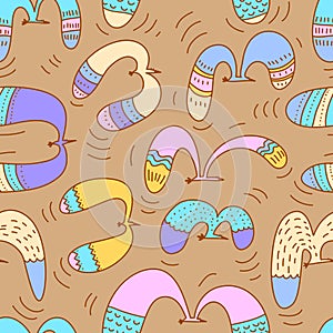 Doodle birds seamless pattern.Background with flying seagulls characters. Vector illustration