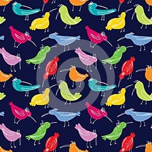 Doodle birds seamless pattern. Background with funny flying an