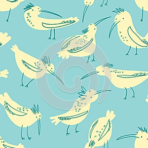 Doodle birds seamless pattern. Background with funny flying an