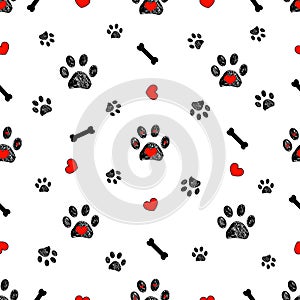 Doodle black paw prints, bone with red heart vector seamless pattern for fabric design