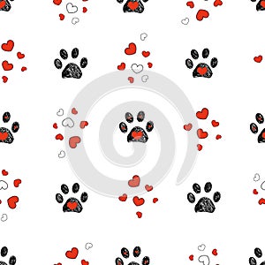 Doodle black paw prints with red heart vector seamless pattern for fabric design