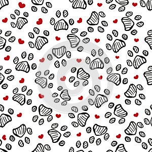 Doodle black paw prints and red hearts. Seamless pattern for textile design