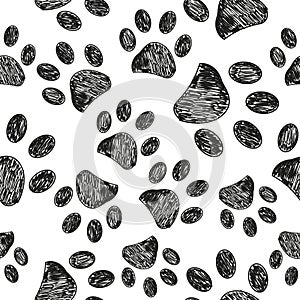 Doodle black paw prints vector with white background seamless pattern for fabric