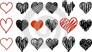 Doodle black and red heart icons isolated on white background set