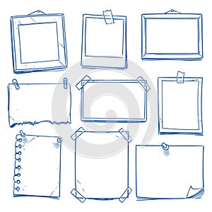 Doodle blank memo, notepaper. Hand drawn school notice and photo frames isolated vector set