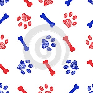 Doodle blue and red paw prints and bones seamless pattern