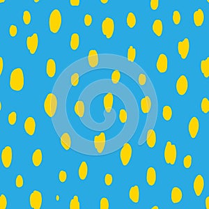 Doodle blue and yellow seamless polka dot pattern. Hand drawn vector irregular abstract texture with random hand drawn