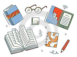 Doodle book colourful collection. Vector illustration, books set icon. E-book, glasses, pen, textbook. Reading books or education