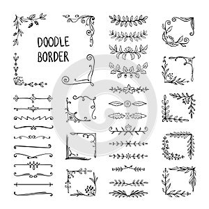 Doodle border. Flower ornament frame, hand drawn decorative corner elements, floral sketch pattern. Vector doodle frame