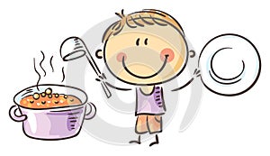 Doodle boy cook preparing vegeterian soup, isolated on white, cartoon illustration clipart