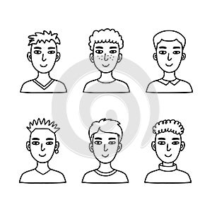 Doodle boy faces set. Hand drawn human avatar collection. Portraits of teenagers on a white background