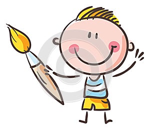 Doodle boy holding paint brush. Kid creative activities clipart, isolated on white, vector illustration