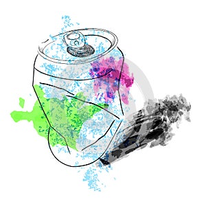 Doodle of Broken Soft Drink Can with splash / splat watercolor, at white Background