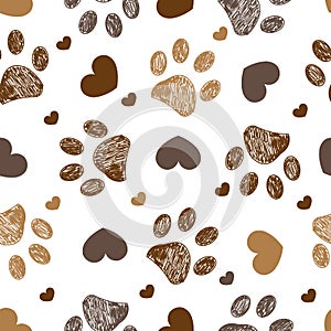 Doodle brown paw prints with hearts seamless fabric design pattern vector