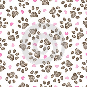 Doodle brown paw prints with pink hearts seamless vector pattern for fabric design