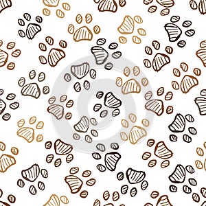 Doodle brown paw prints vector. Seamless pattern for textile design