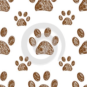 Doodle brown paw prints  vector with white background seamless pattern for fabric