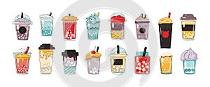 Doodle bubble drink. Beverages in plastic cups and glass jars with straws. Collection of ice tea and cocktails. Mugs