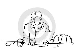 Doodle Business Man Working On Laptop Computer Office Worker Male Silhouette Sketch On White Background