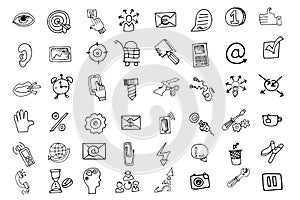 Doodle business seo icons set.Outline sketchy