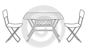 Doodle Camping folding table and chairs. Tourist furniture for picnics, outdoor recreation, rest in nature. Outline hand-drawn