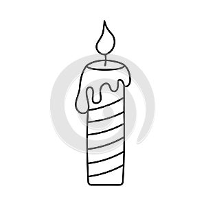 Doodle candle. Burning hand drawn candle with wax. Vector linear illustration