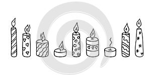 Doodle candles set.Decoration for birthday party or romantic dinner for Valentine`s Day.Festive hand-drawn collection candlelight